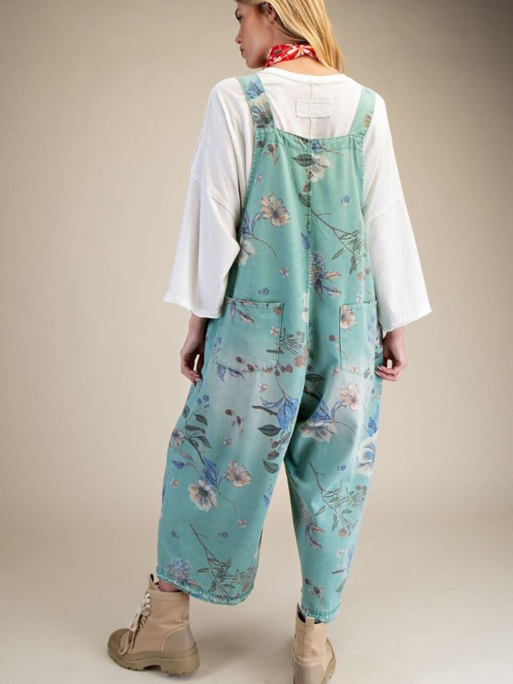 FLOWER PRINTED WASHED DENIM OVERALLS - Picture 3 of 4